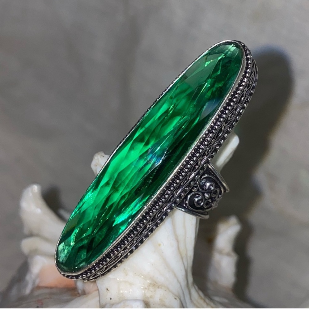 Exquisite Green Topaz Vintage Inspired Elongated Ring